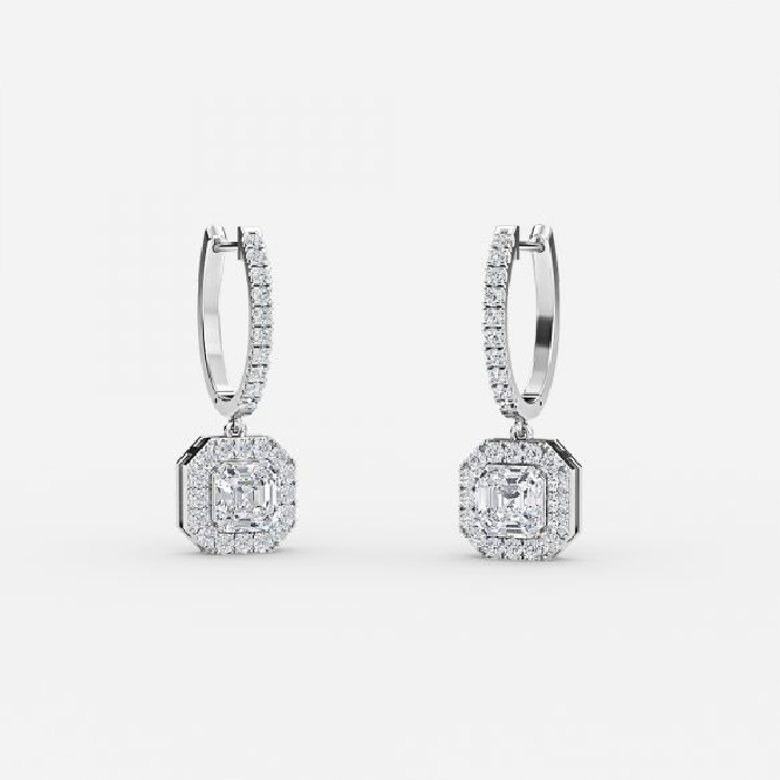 Asscher Moissanite Halo Drop Earrings