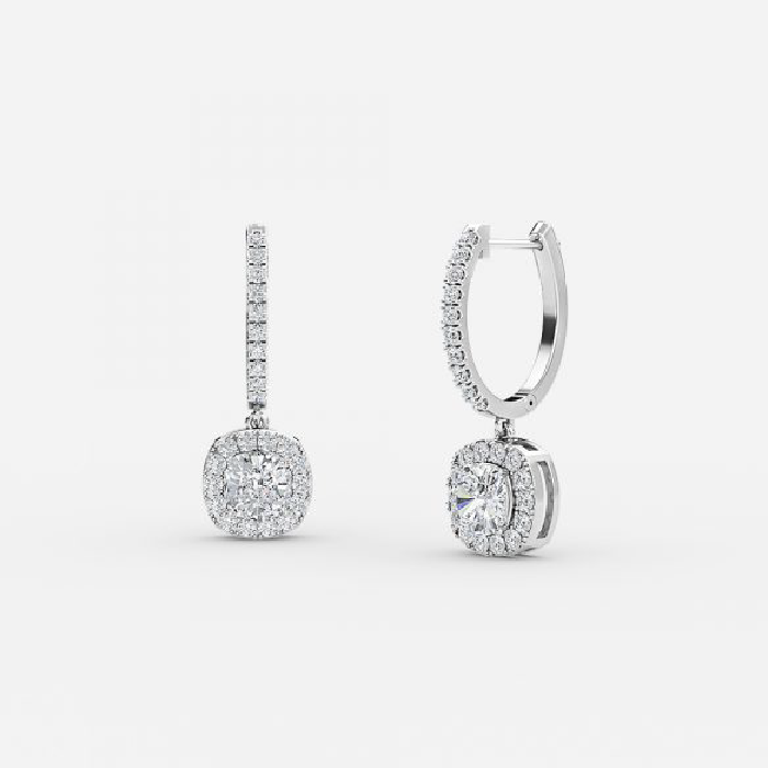 Cushion Moissanite Halo Drop Earrings