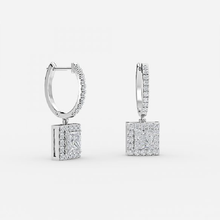 Princess Moissanite Halo Drop Earrings