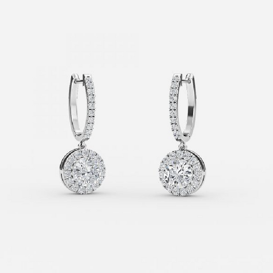 Round Moissanite Halo Drop Earrings