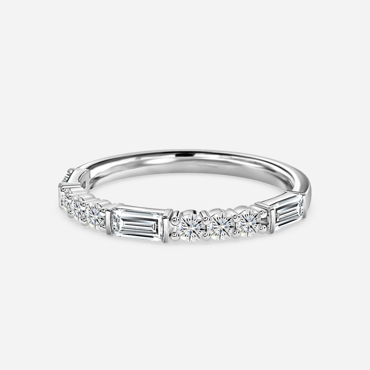 Round And Baguette Diamond Cut Moissnaite Half Eternity Ring